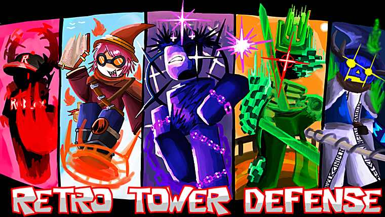 Retro Tower Defense title art showing five tower characters